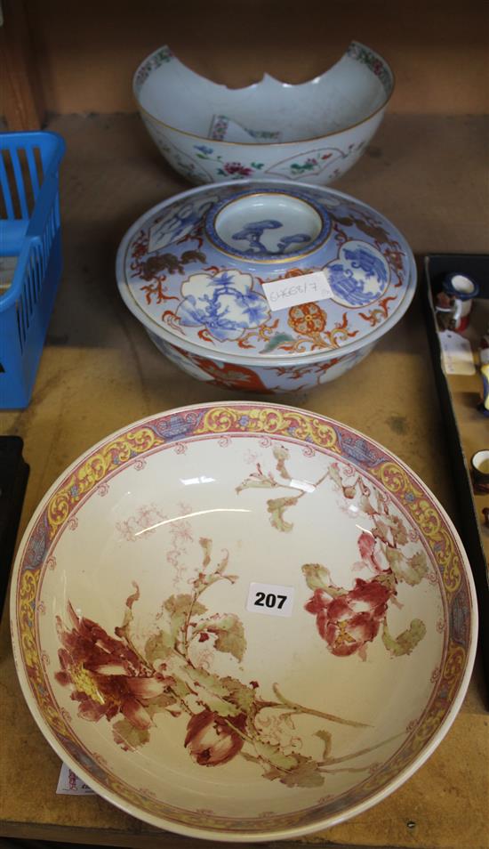 Imari porcelain bowl and cover, Chinese famille rose bowl (a.f.)  & Doulton bowl(-)